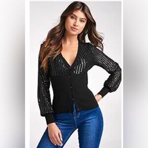 Venus V-Neck  Sheer Sequin Chiffon Sleeves Blouse Shimmering Party Top Sz Large